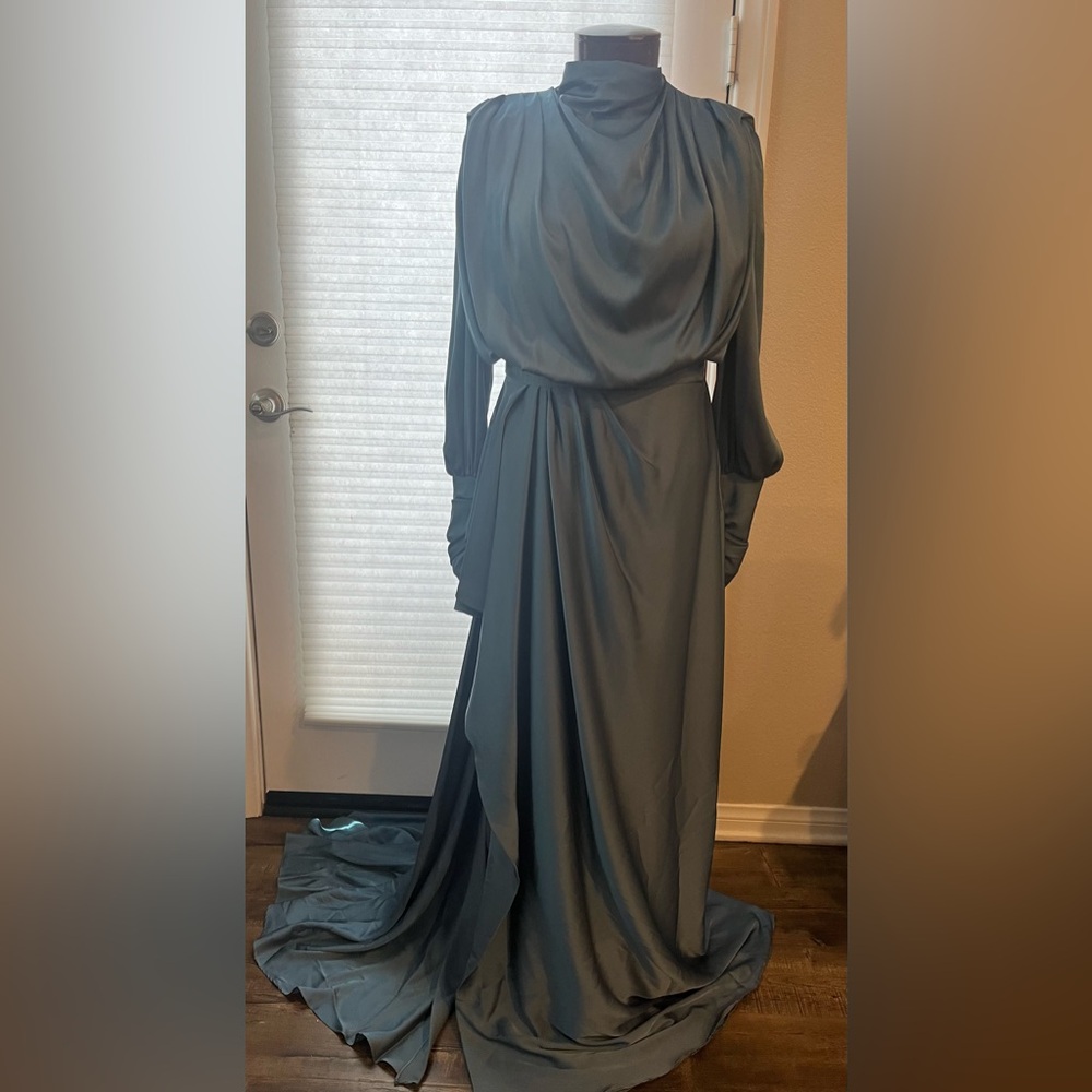 Dusty blue long sleeve evening drape dress gown silk